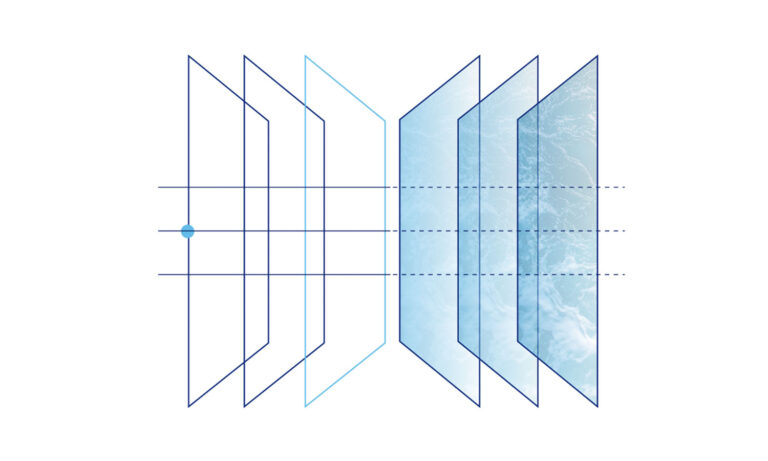 illustration graphic showing clear membranes on one side, and blue water membranes on the other side